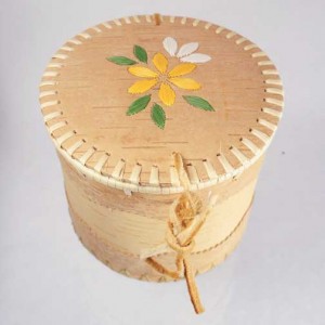 Large round birch bark basket with yellow flower design