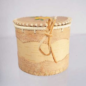 Round birch bark basket backside